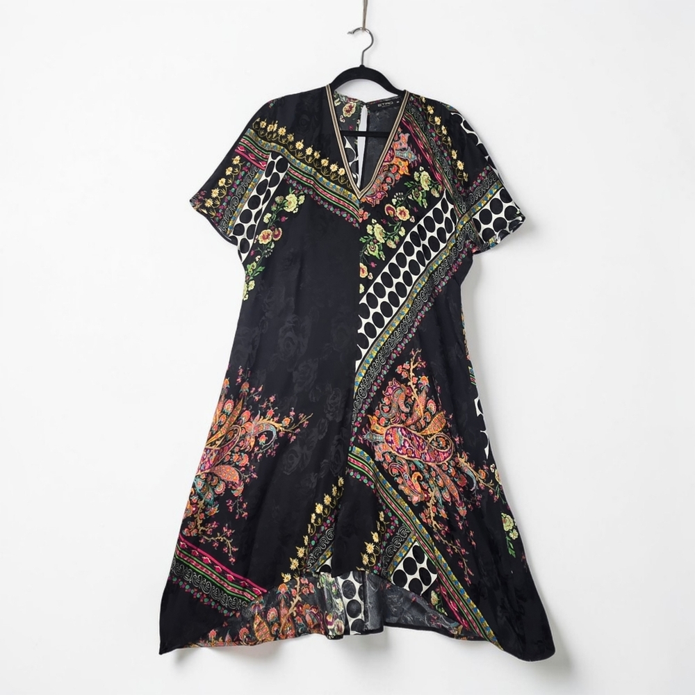 Etro Dress Italy Size 44 US Medium Black Geometric Print Flowy Hi Low Hem